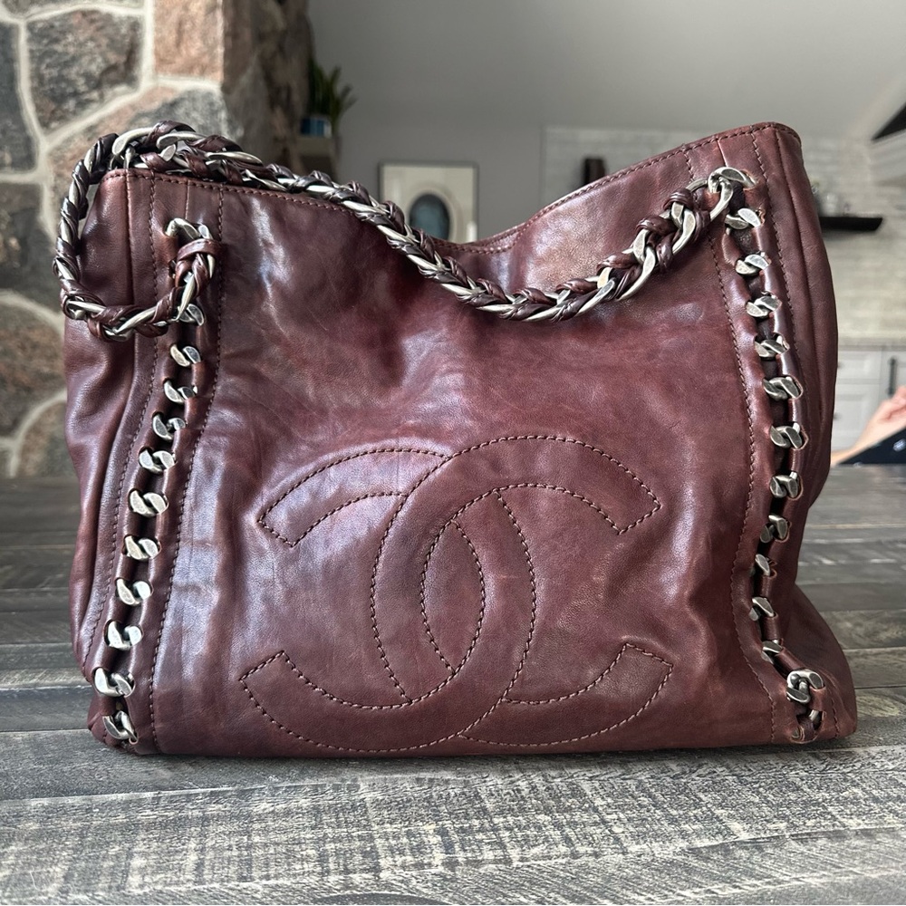 CHANEL Burgundy Leather Tote with Silver Chain Trim